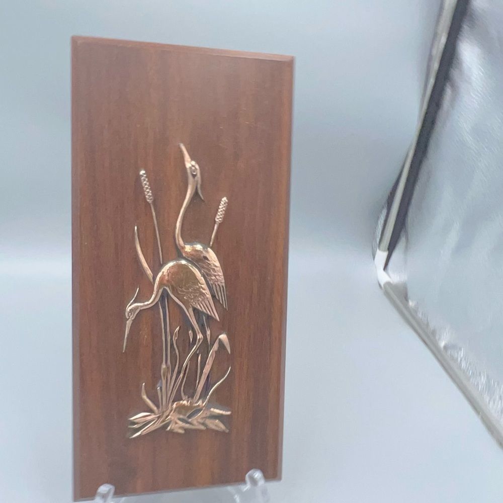 Vintage Wood Plaque with Brass Herons 60s mid century - Picture 5 of 5